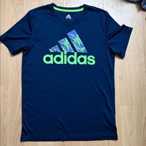 Adidas Men's Navy and Lime Graphic Tee